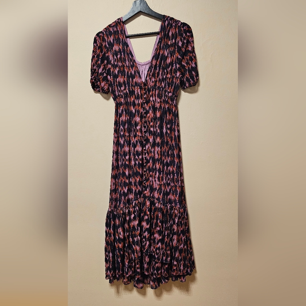 By Anthropologie Purple Printed V- Neck Ruched-Sleeve Mesh Lined Maxi Dress,XSP - Picture 3 of 12